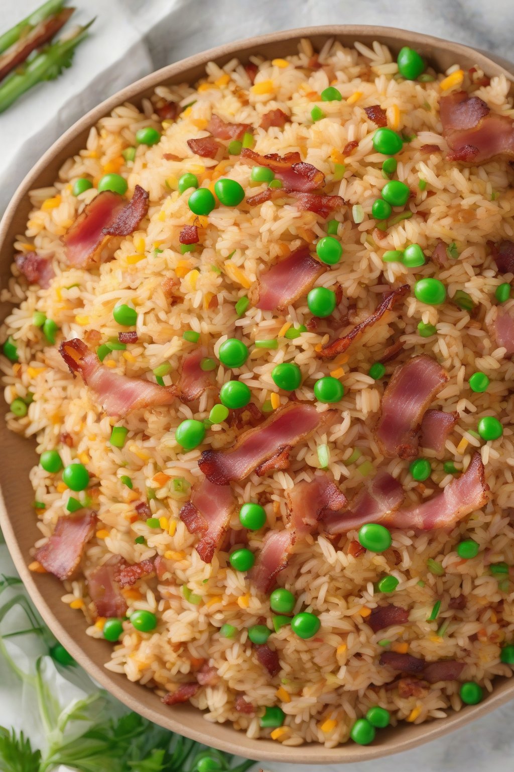 A high-resolution photo of bacon fried rice with crispy bacon pieces under soft lighting.