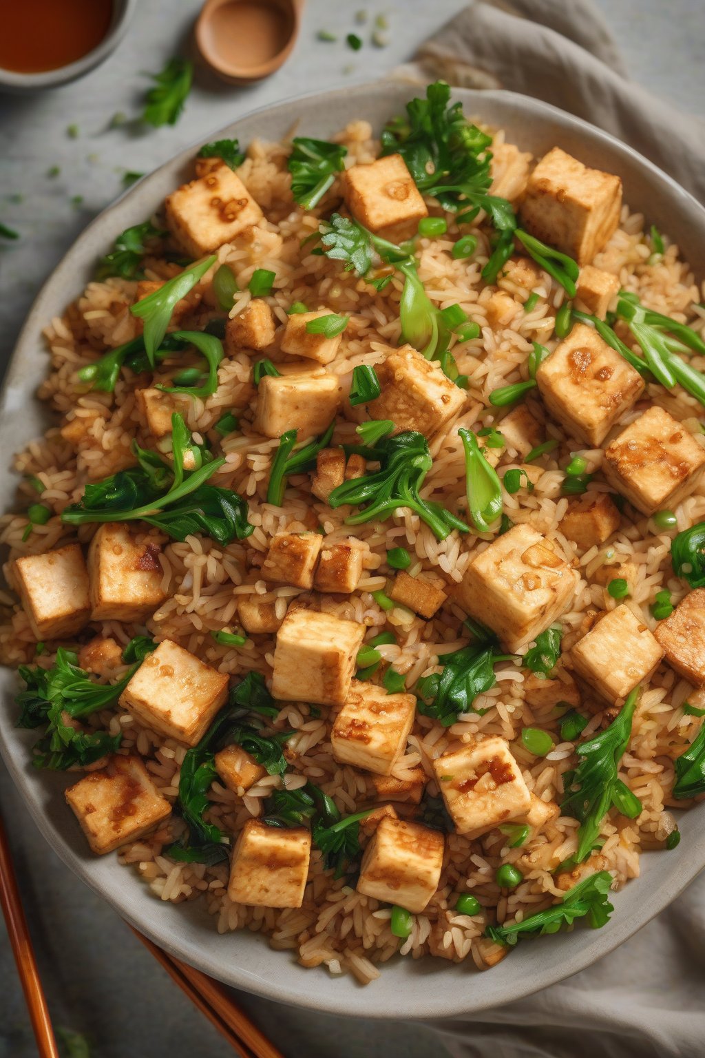 A high-resolution photo of tofu fried rice with browned tofu cubes and greens under soft lighting.