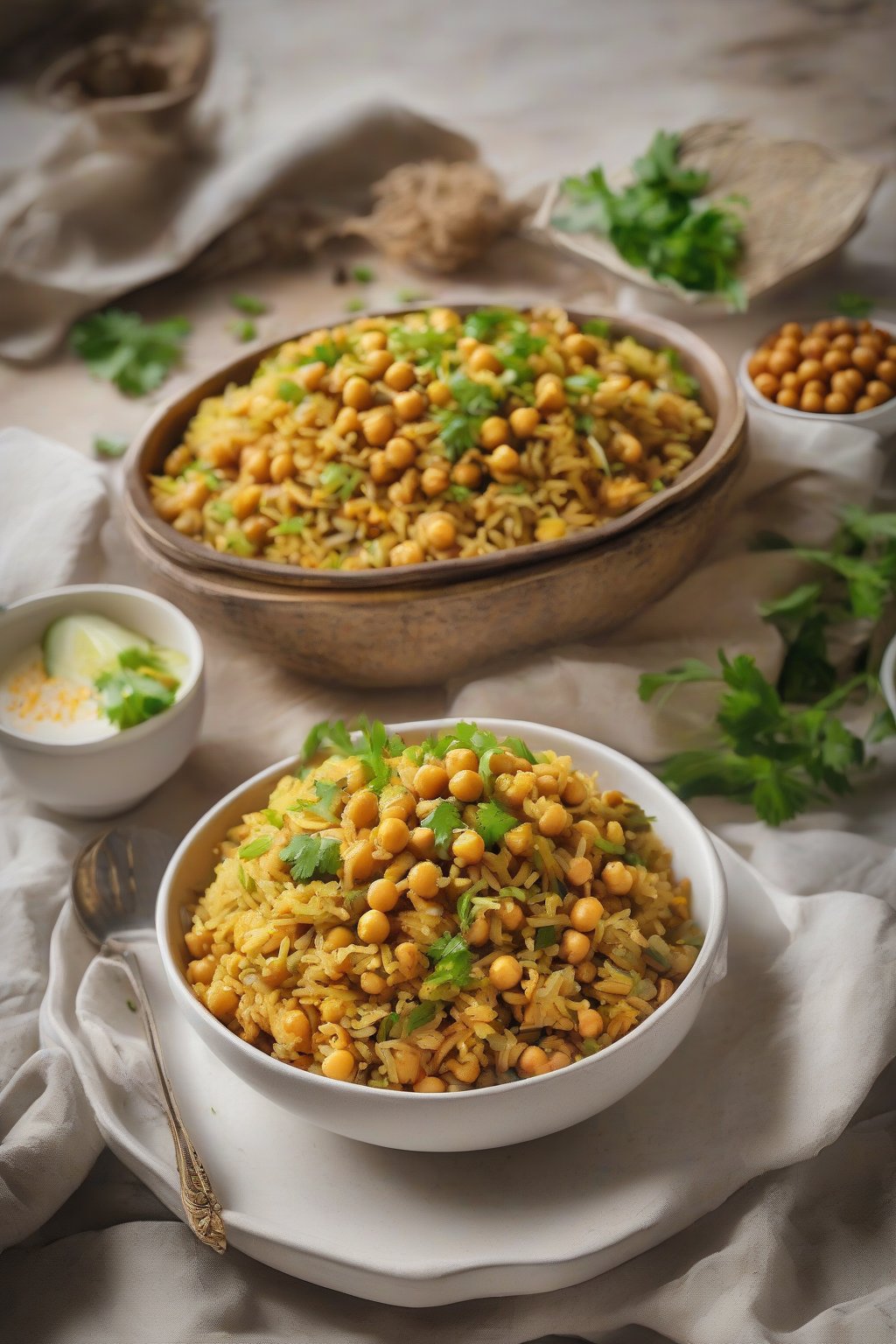 A high-resolution photo of aromatic curry fried rice with chickpeas under soft lighting.
