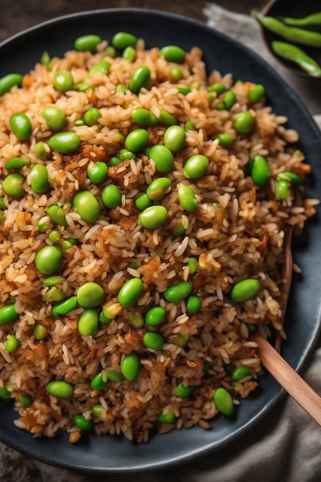 A high-resolution photo of glossy teriyaki fried rice with edamame under soft lighting.