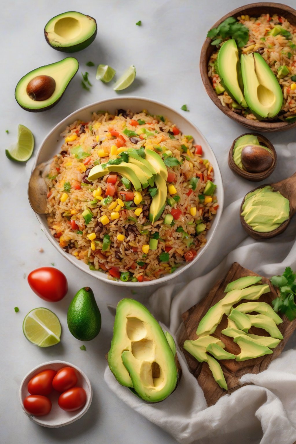 A high-resolution photo of Mexican fried rice topped with avocado under soft lighting.