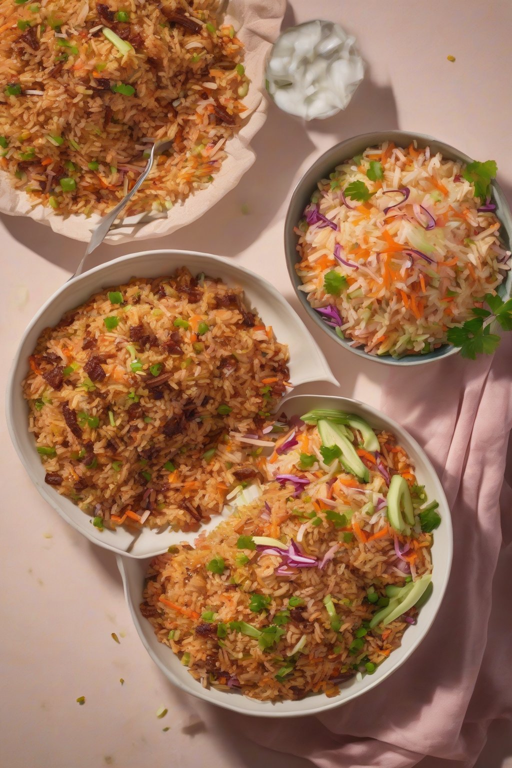 A high-resolution photo of smoky BBQ fried rice with coleslaw under soft lighting.