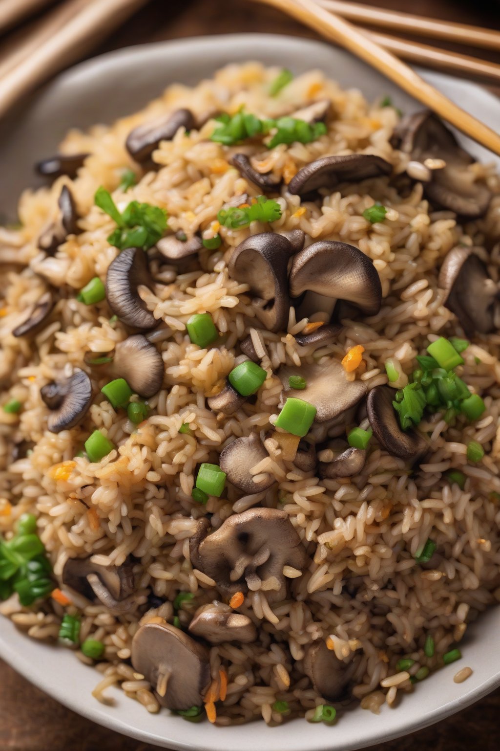 A high-resolution photo of mushroom fried rice with earthy caps under soft lighting.
