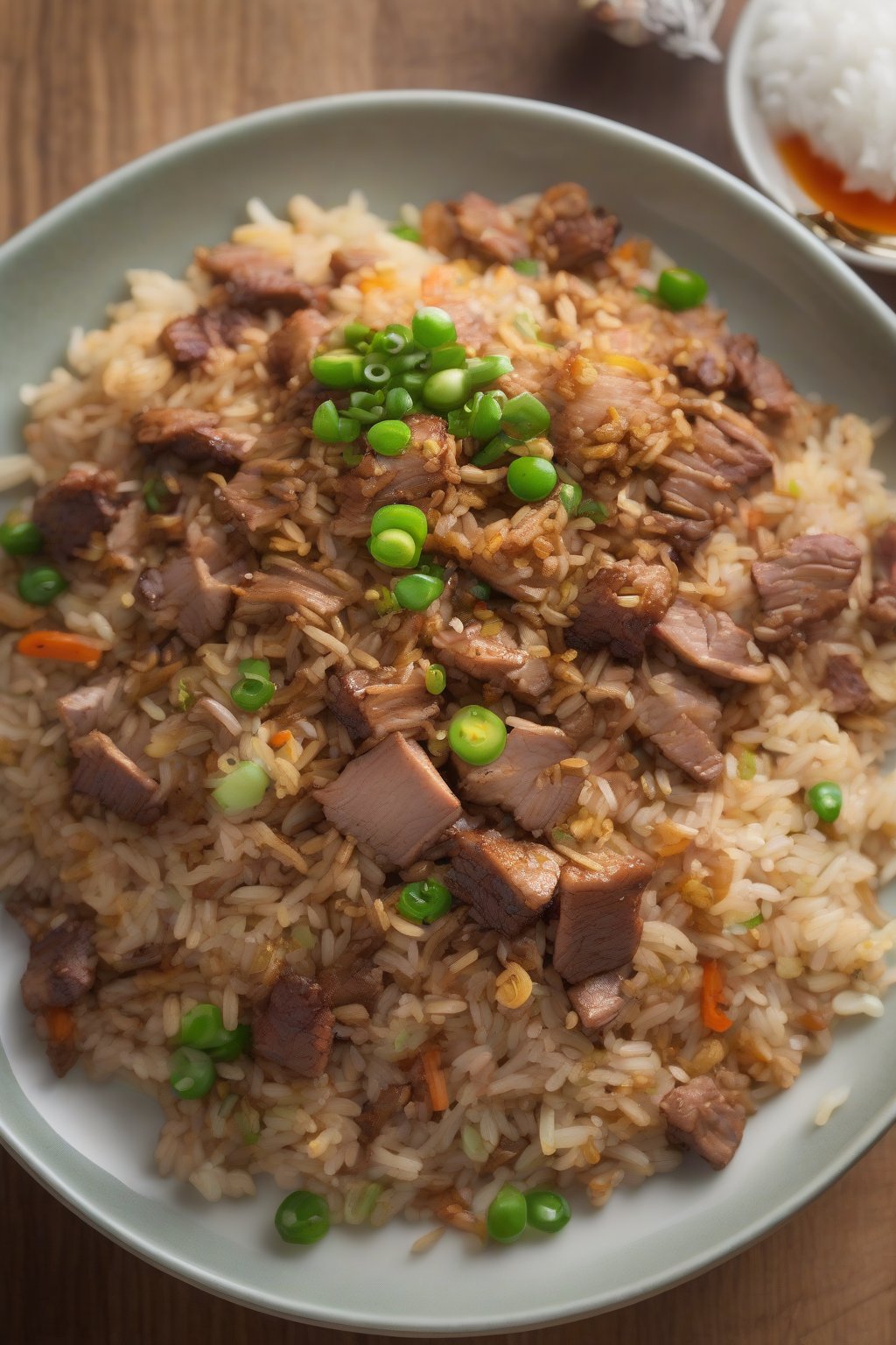 A high-resolution photo of leftover roast fried rice with tender meat under soft lighting.
