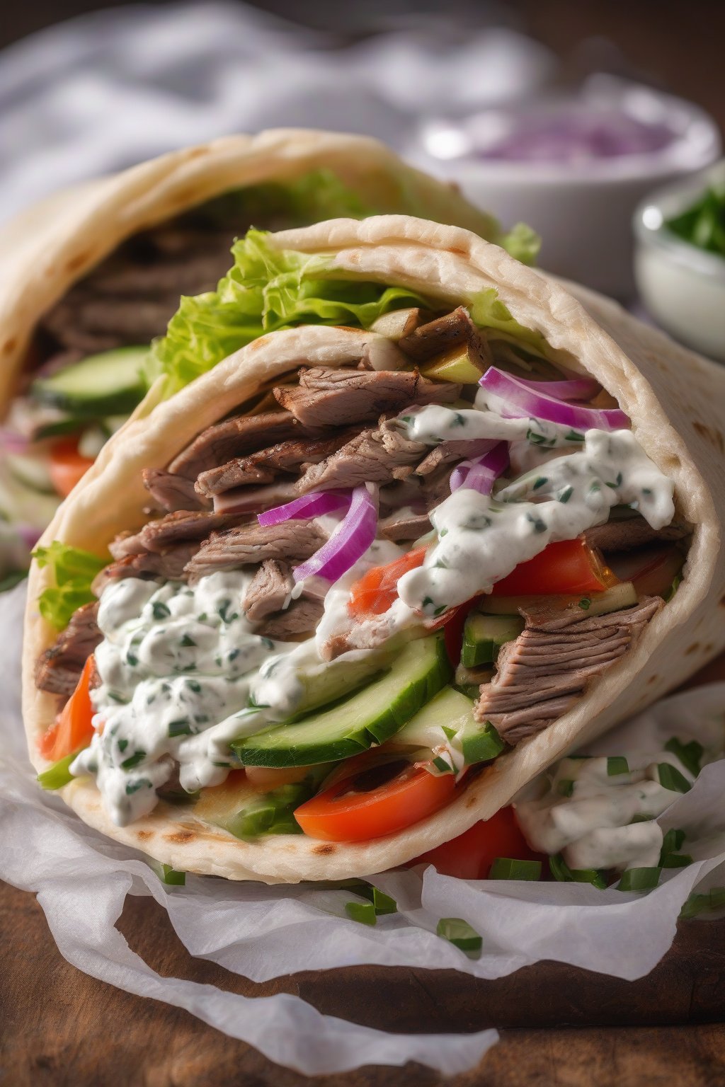 A high-resolution photo of a Greek gyro pita sandwich, sliced open to show juicy lamb, creamy tzatziki, and fresh veggies, under soft lighting.