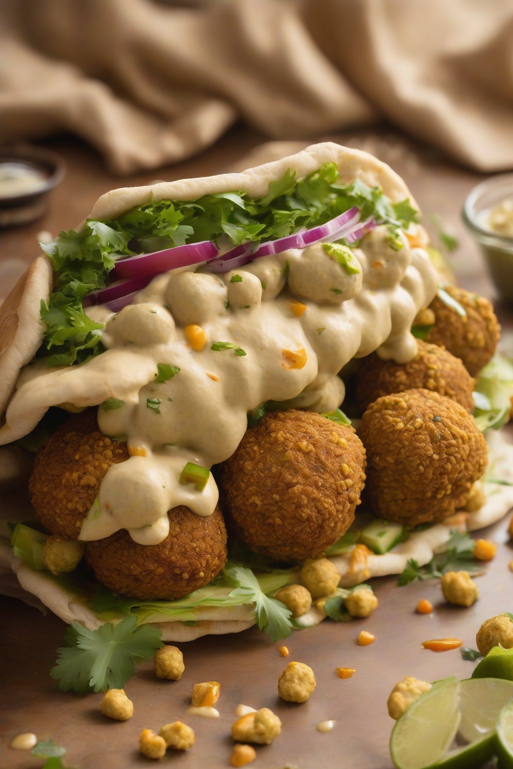 A high-resolution photo of a falafel pita sandwich overflowing with golden falafel balls, tahini drizzle, and crisp pickles, under soft lighting.