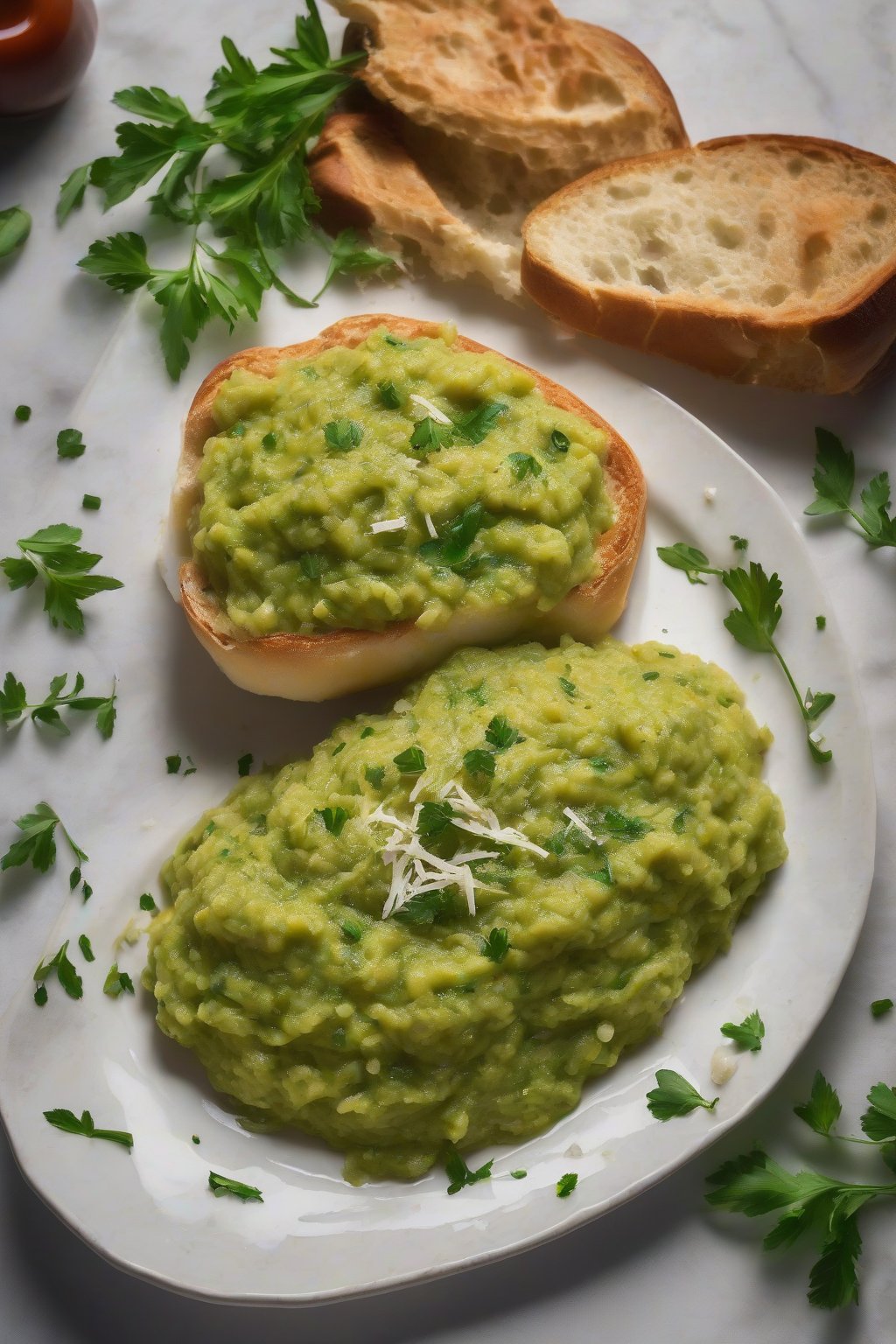 A close-up photo of green herb-dotted Italian mashed pav bhaji with parmesan shavings under soft lighting.