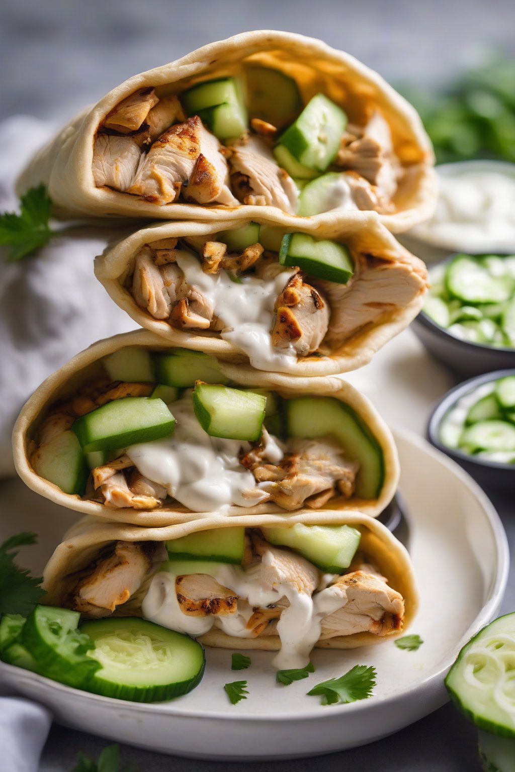 A high-resolution photo of a chicken shawarma pita, stuffed with spiced grilled chicken, yogurt sauce, and fresh cucumber slices, under soft lighting.