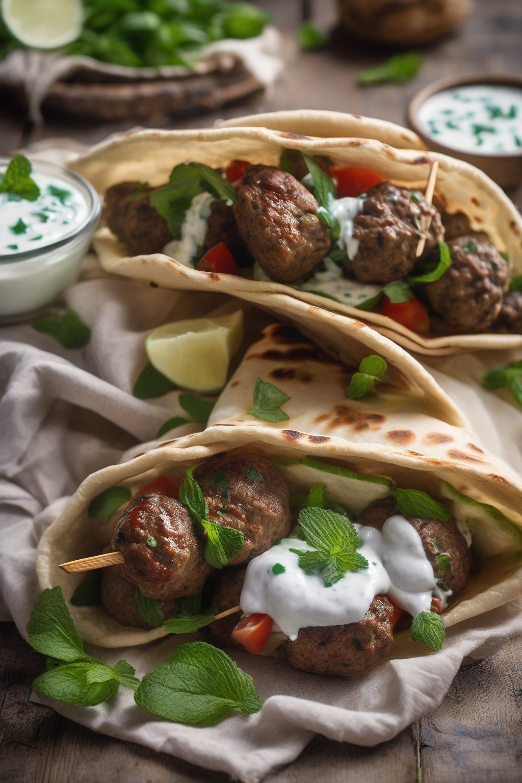 A high-resolution photo of lamb kofta pita sandwiches, showing charred kofta skewers peeking out with mint yogurt, under soft lighting.