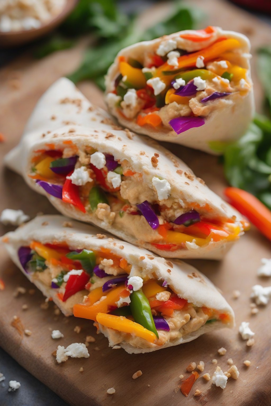 A high-resolution photo of a veggie hummus pita pocket, bursting with colorful peppers, carrots, and feta crumbles, under soft lighting.