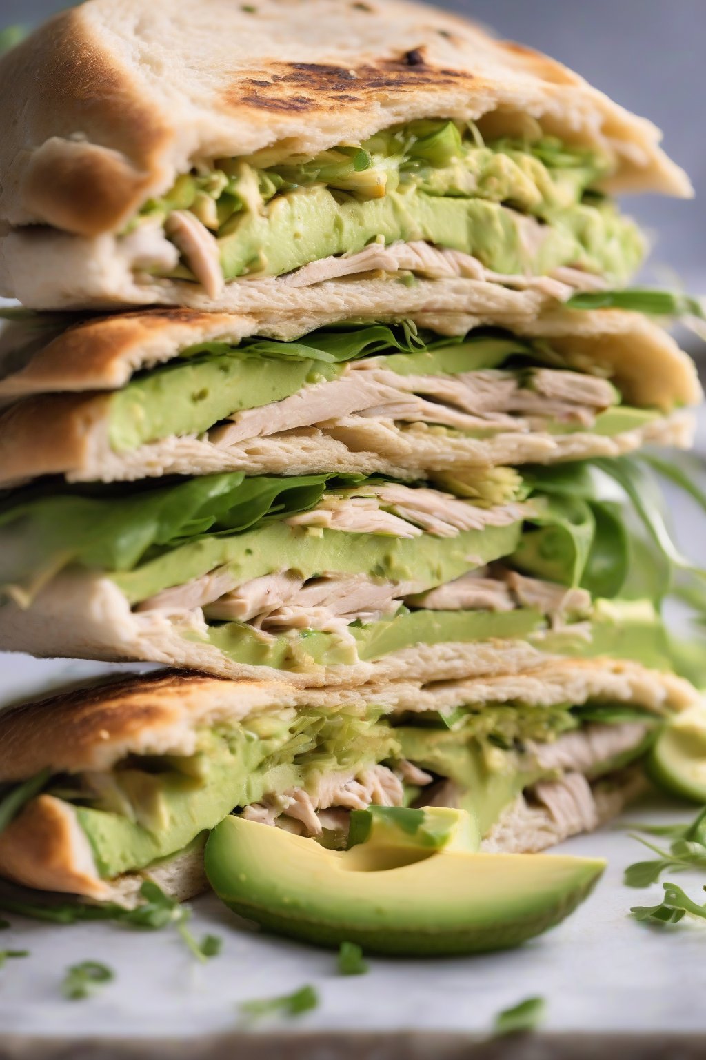 A high-resolution photo of a turkey avocado pita sandwich, layered with creamy green avocado and fresh sprouts, under soft lighting.