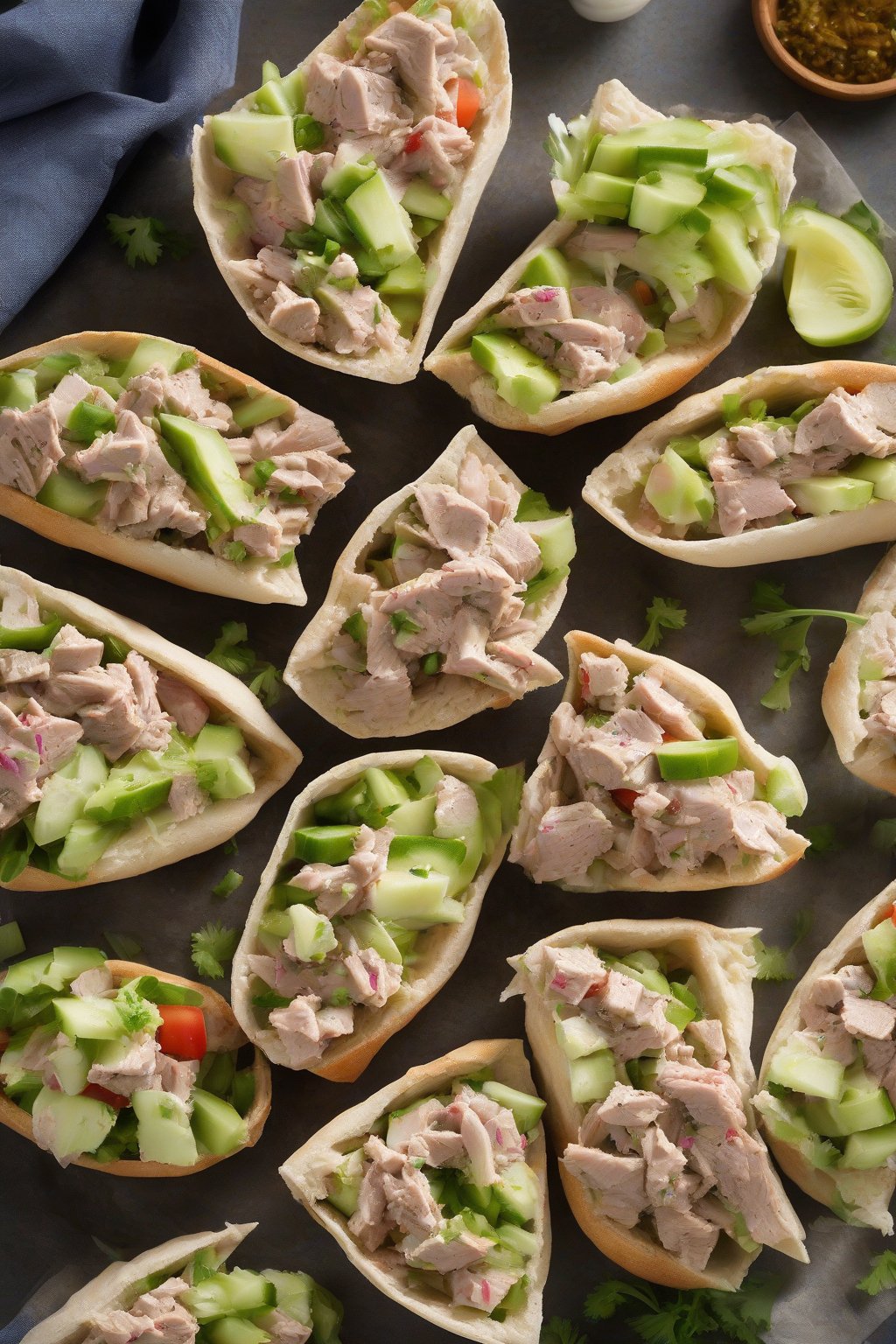A high-resolution photo of tuna salad pita boats, filled with chunky tuna mix and celery bits, under soft lighting.