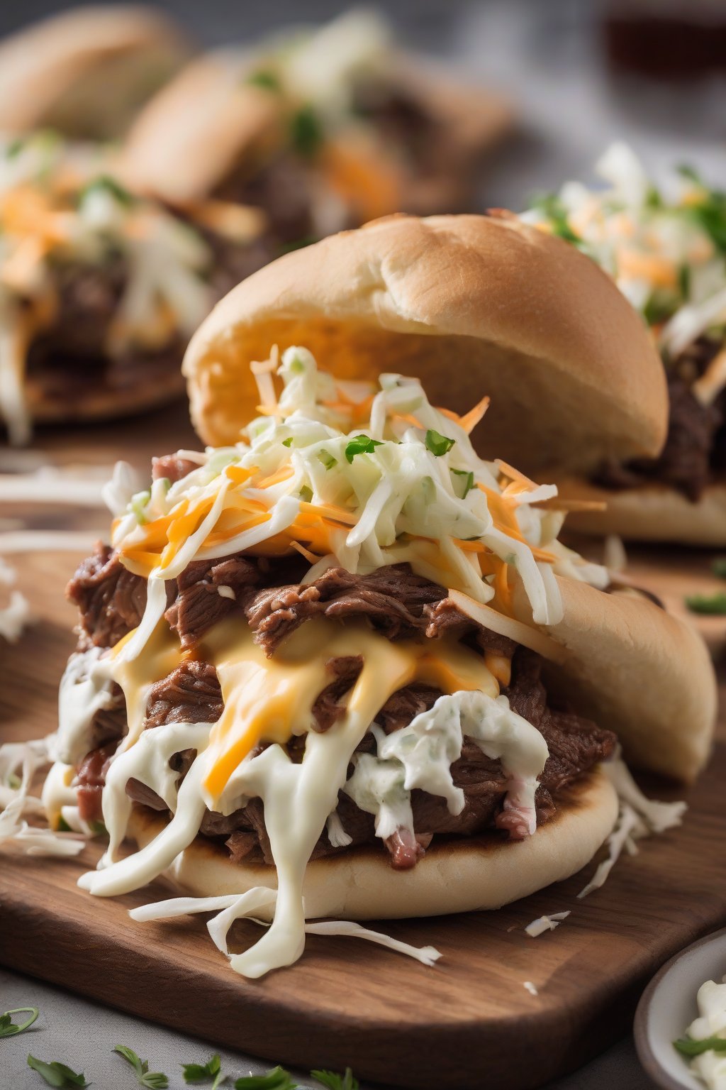 A high-resolution photo of BBQ beef pita sliders, oozing melted cheddar and topped with coleslaw, under soft lighting.