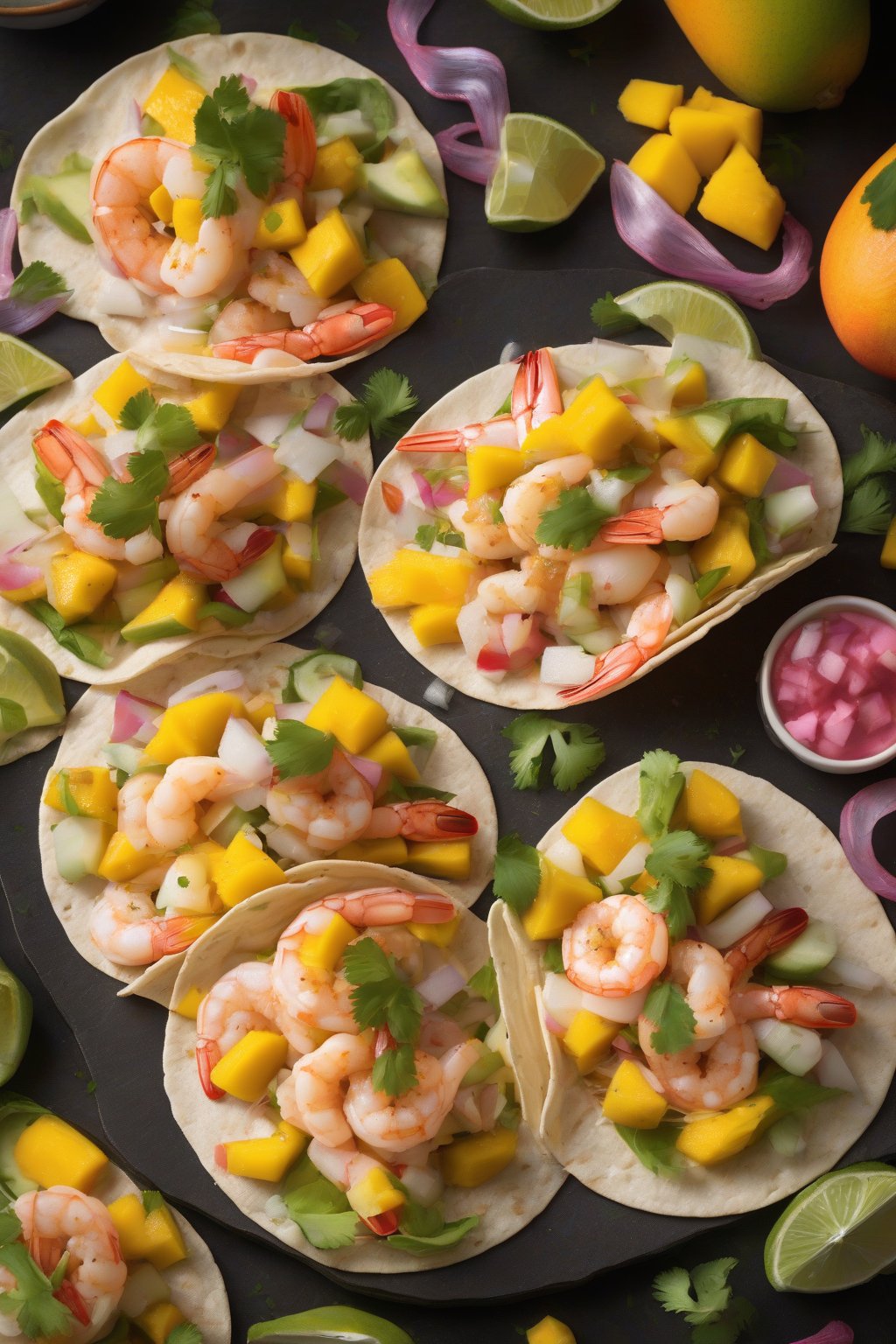A high-resolution photo of shrimp and mango pita tacos, with pink shrimp and vibrant orange mango chunks, under soft lighting.