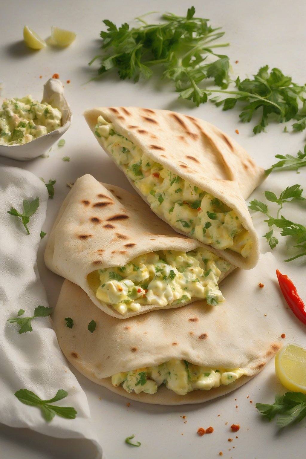 A high-resolution photo of an egg salad pita, creamy with flecks of green herbs and paprika dusting, under soft lighting.