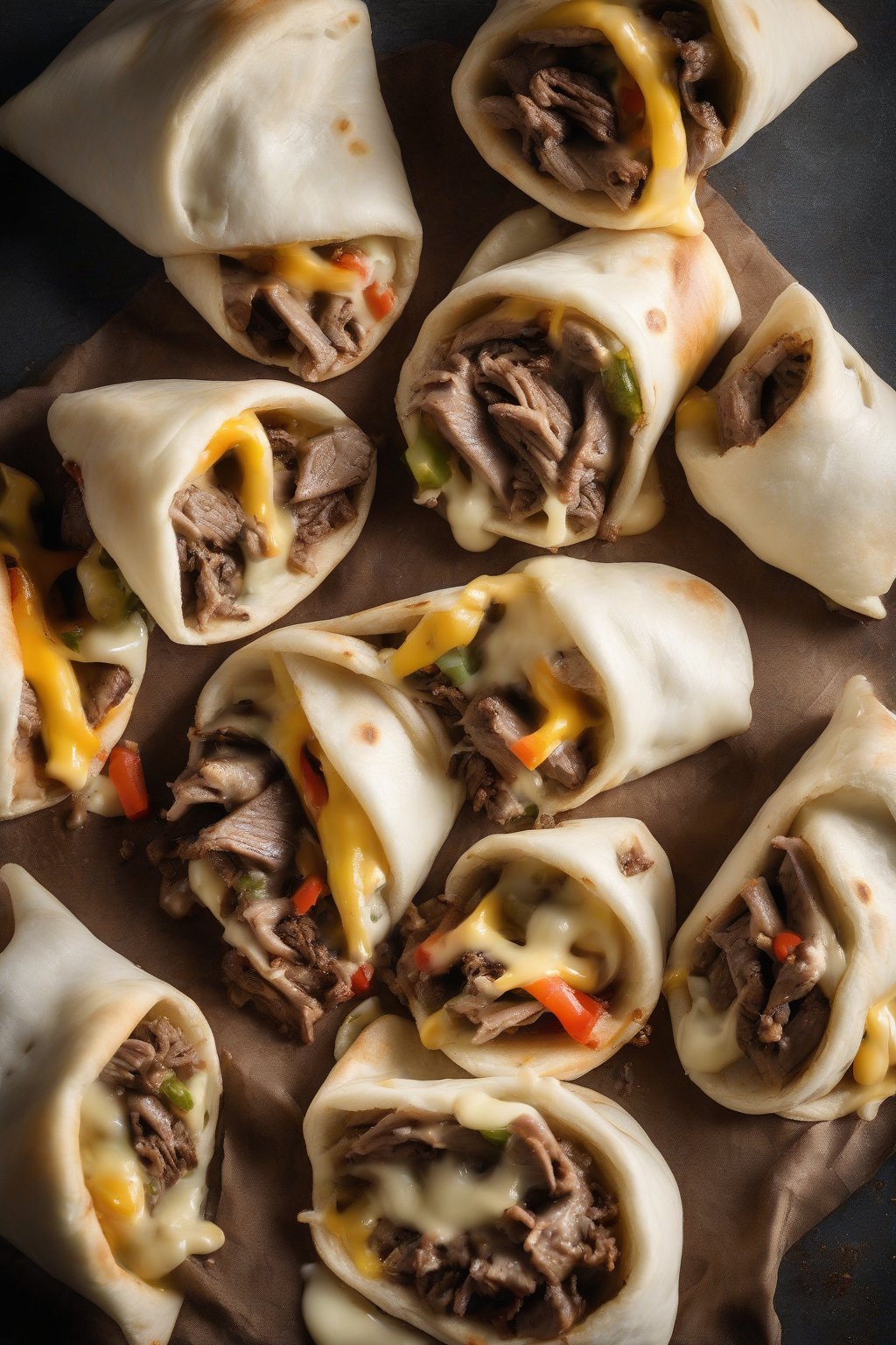 A high-resolution photo of Philly cheesesteak pita rolls, strings of melted provolone pulling apart, under soft lighting.