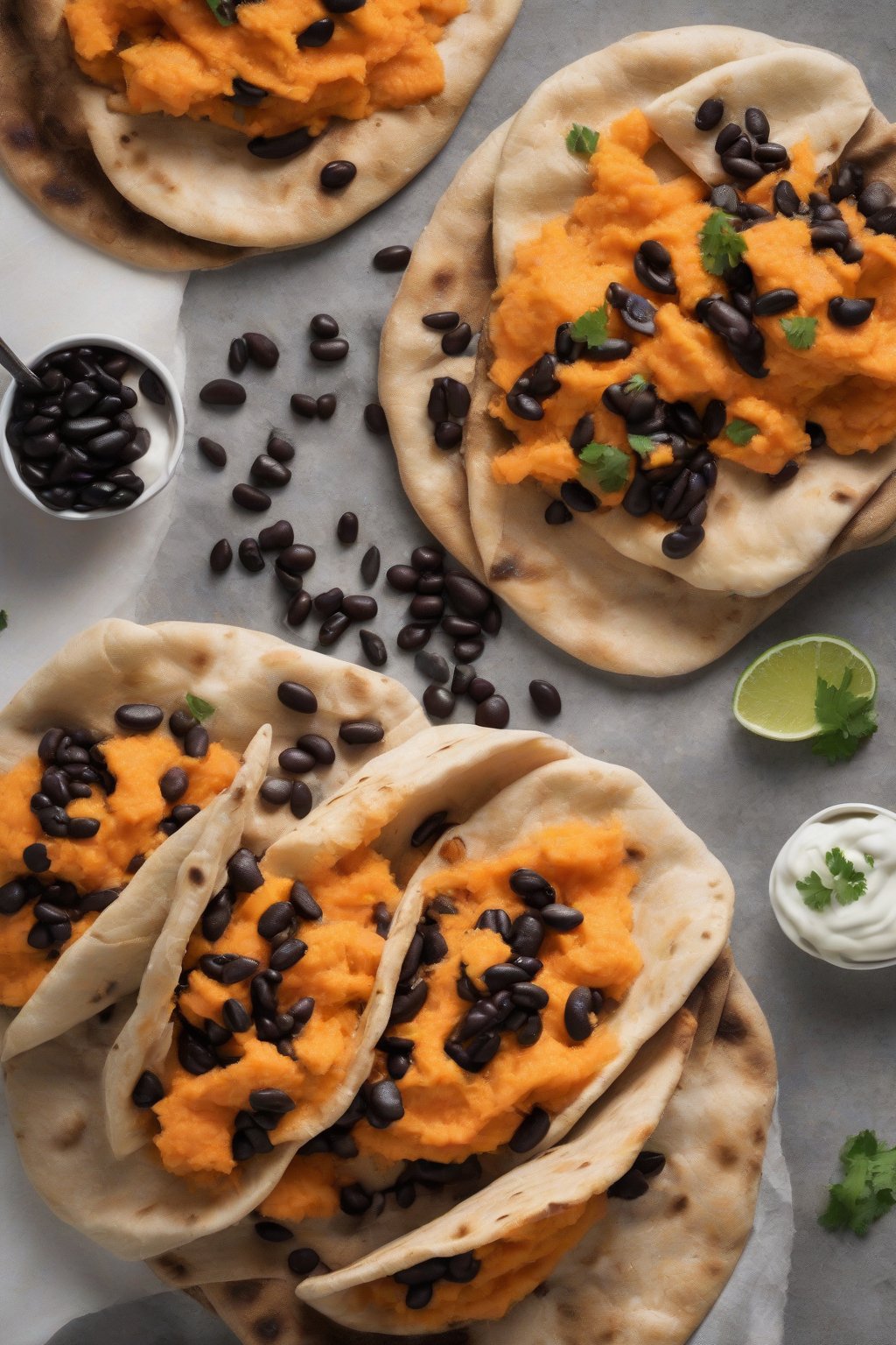 A high-resolution photo of sweet potato black bean pita, with orange mash and black beans spilling out, under soft lighting.