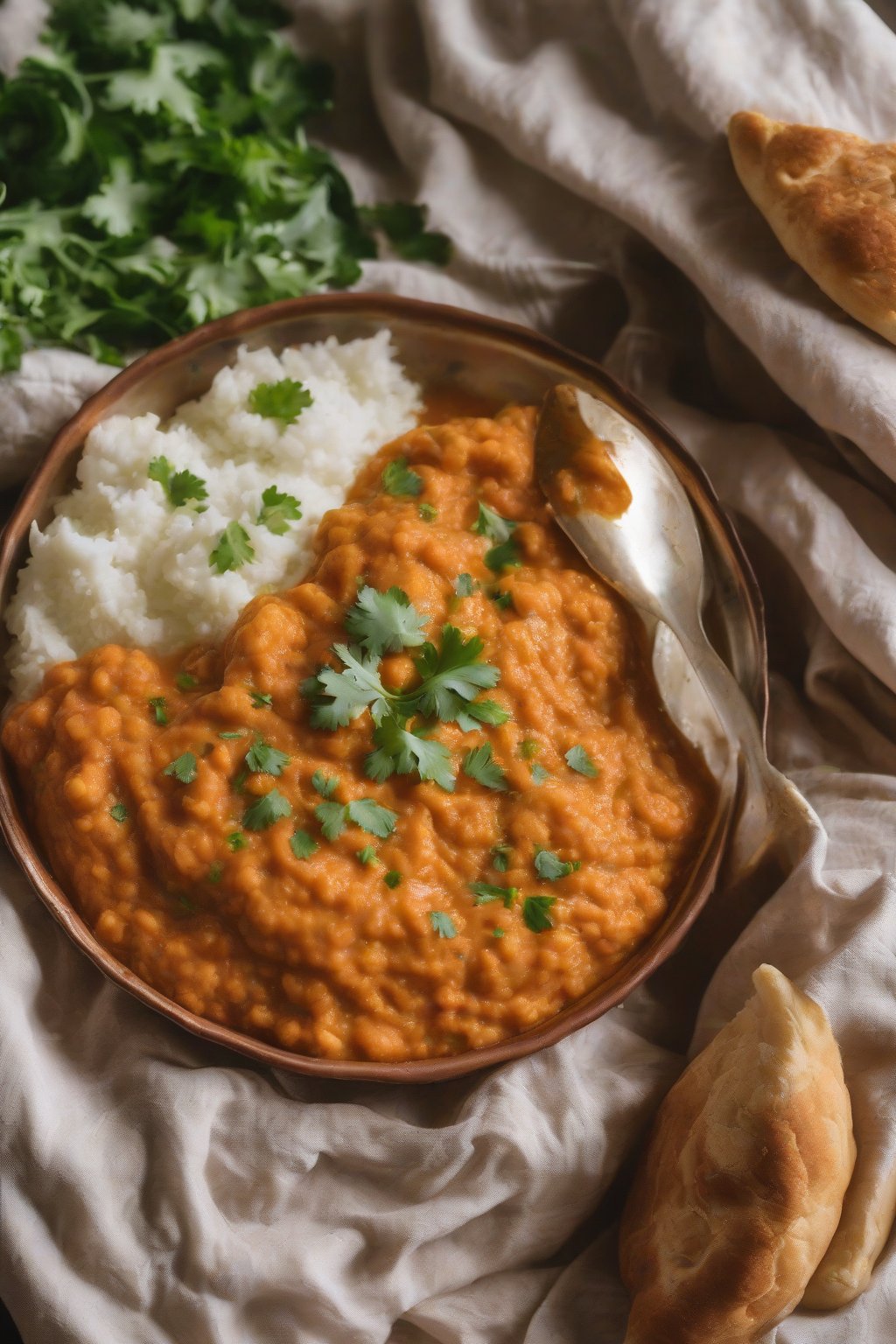 A close-up photo of pale low-carb cauliflower mashed pav bhaji with ghee shine under soft lighting.