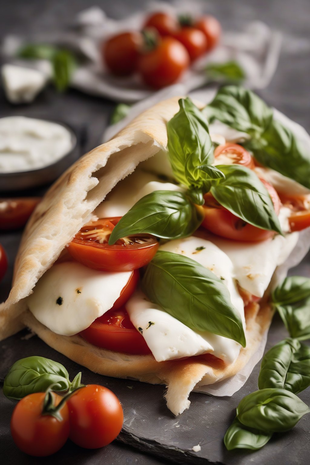A high-resolution photo of a Caprese pita sandwich, juicy tomatoes and mozzarella with basil leaves, under soft lighting.