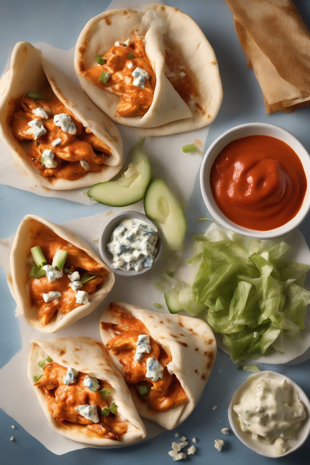 A high-resolution photo of buffalo chicken pita pockets, fiery red sauce with blue cheese streaks, under soft lighting.