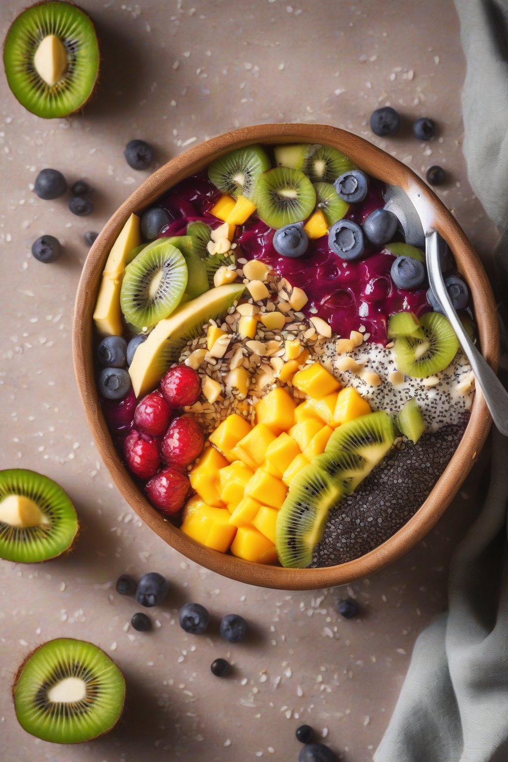 A high-resolution photo of a vibrant tropical acai bowl topped with mango, kiwi, coconut, and chia seeds under soft lighting.