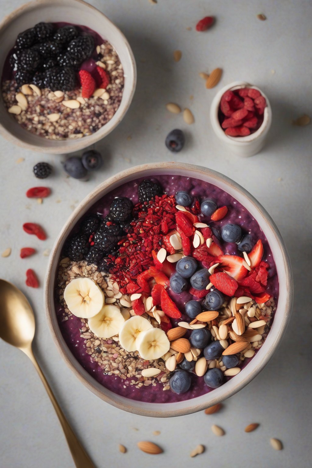 A high-resolution photo of a berry-packed acai bowl with goji berries, hemp hearts, and almonds under soft lighting.