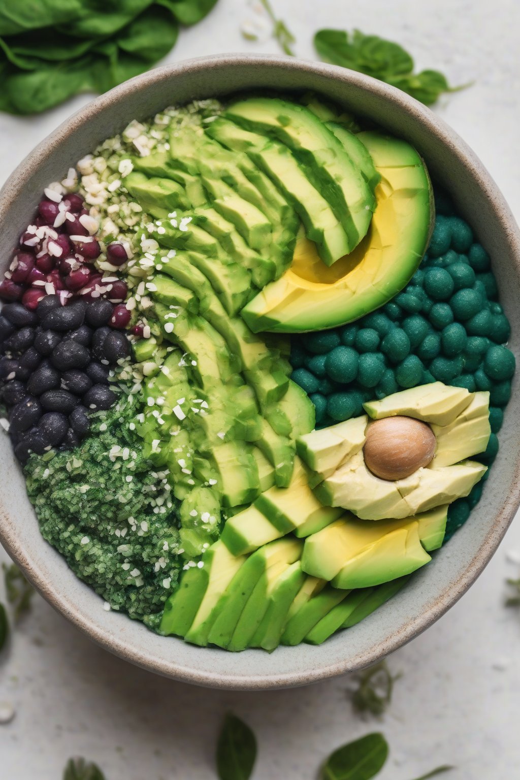 A high-resolution photo of a green detox acai bowl with cucumber, avocado, and spirulina under soft lighting.