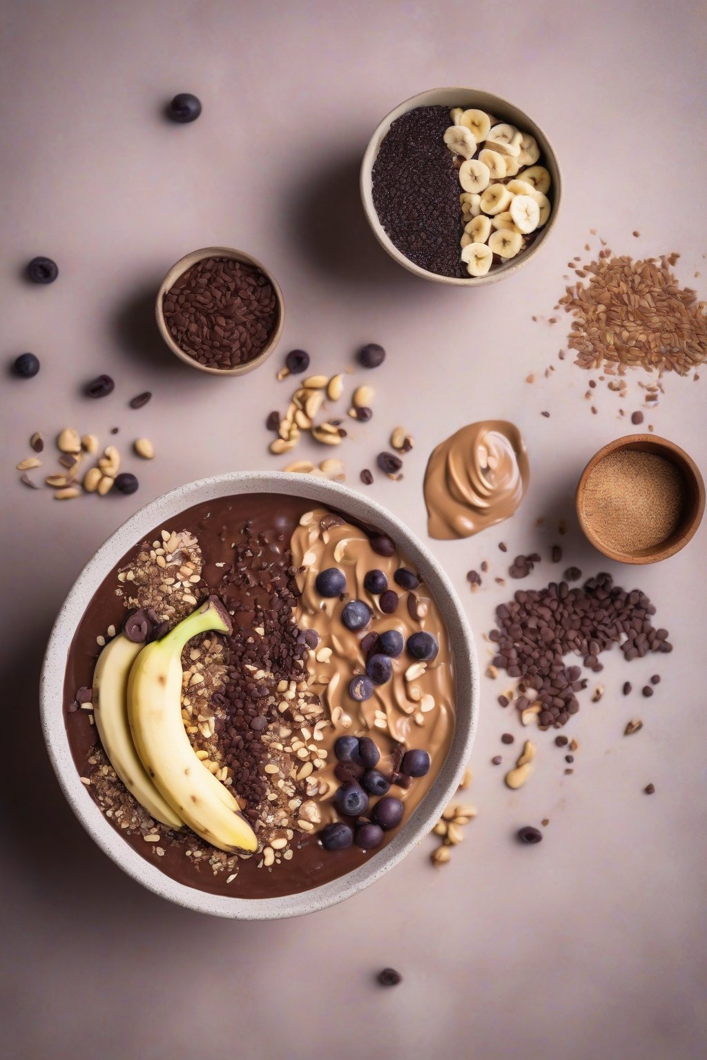 A high-resolution photo of a chocolate peanut butter acai bowl with banana, cacao nibs, and flaxseeds under soft lighting.
