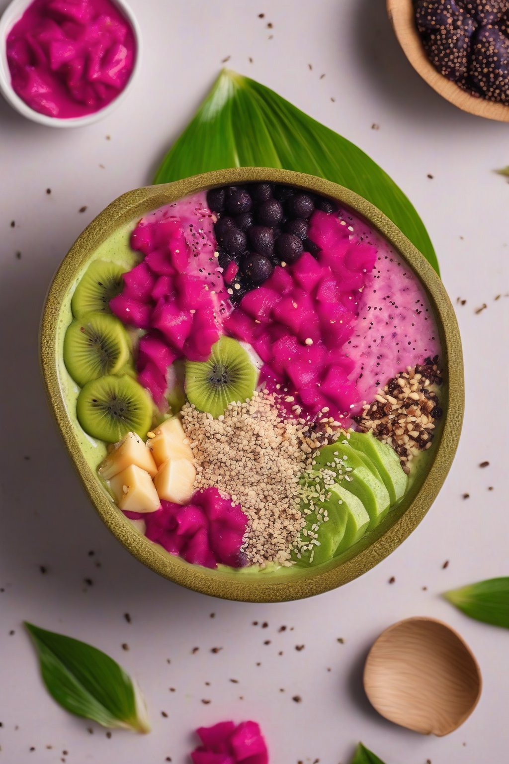 A high-resolution photo of a matcha-infused acai bowl with dragon fruit and sesame seeds under soft lighting.