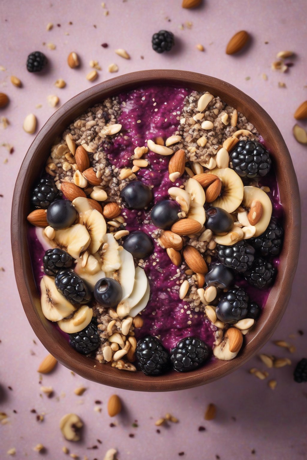 A high-resolution photo of a nutty acai bowl with mixed nuts, chia, and blackberries under soft lighting.