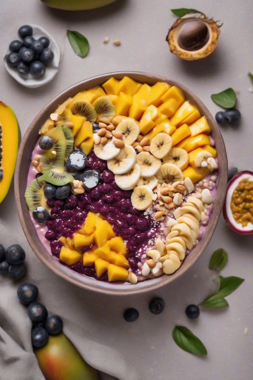 A high-resolution photo of a mango coconut acai bowl with passionfruit and macadamia nuts under soft lighting.