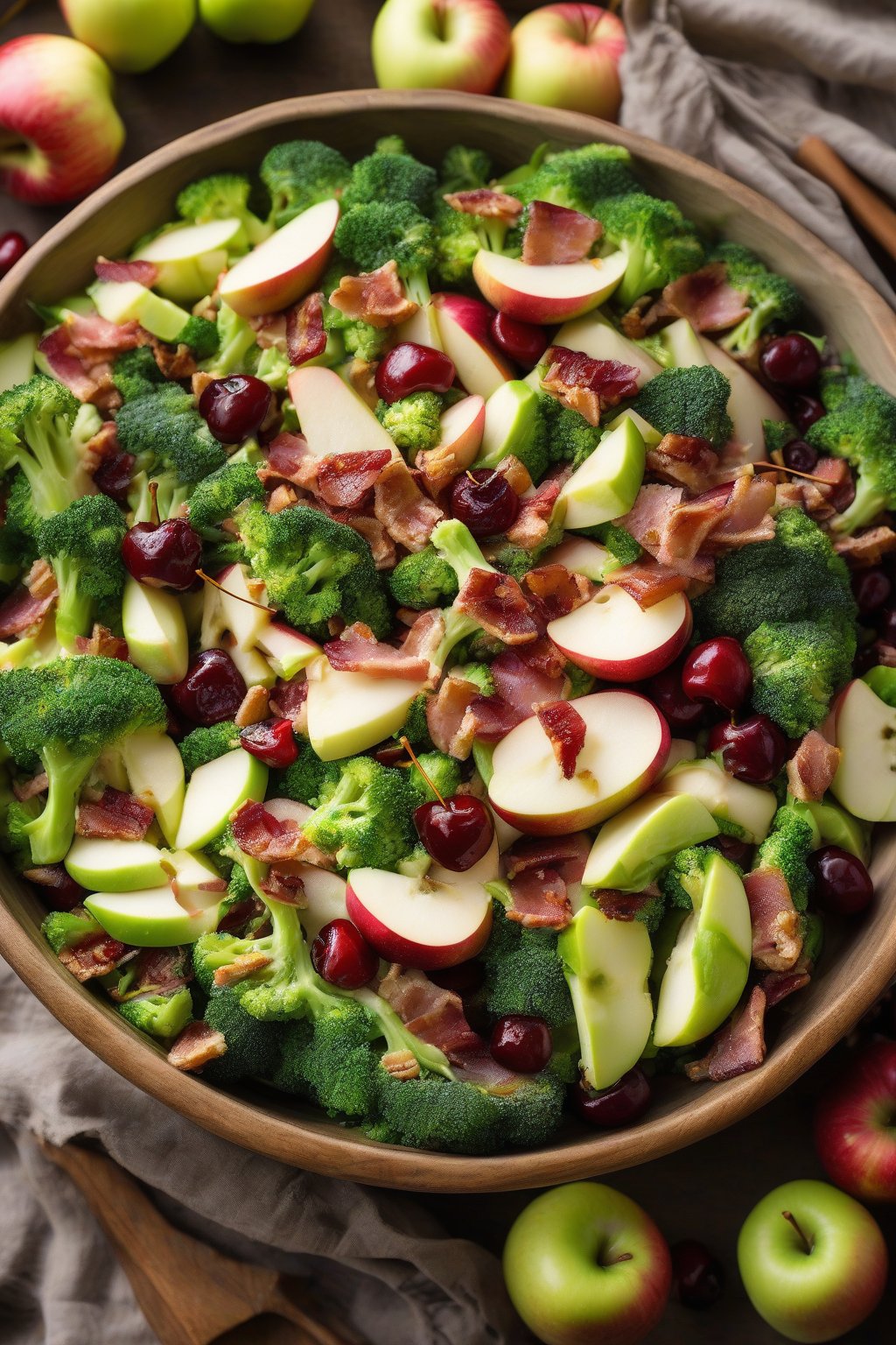 A high-resolution photo of apple bacon broccoli salad with apple chunks and cherries, in an autumnal bowl, under soft lighting.