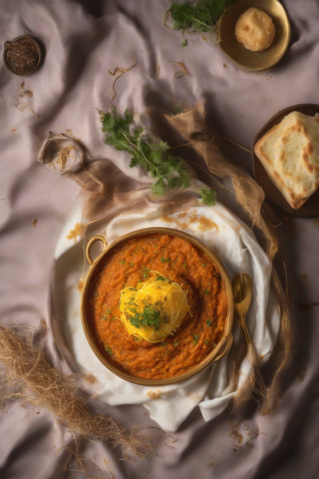 A close-up photo of luxurious truffle-infused mashed pav bhaji with saffron threads under soft lighting.