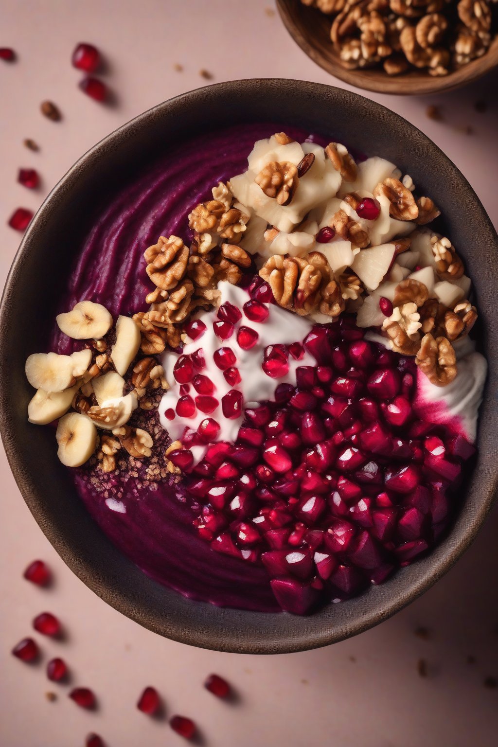 A high-resolution photo of a beetroot acai bowl with pomegranate and walnuts under soft lighting.