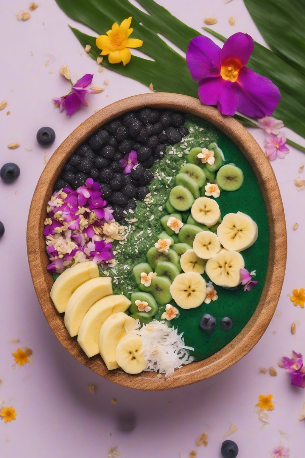 A high-resolution photo of a spirulina acai bowl with banana, coconut, and flowers under soft lighting.