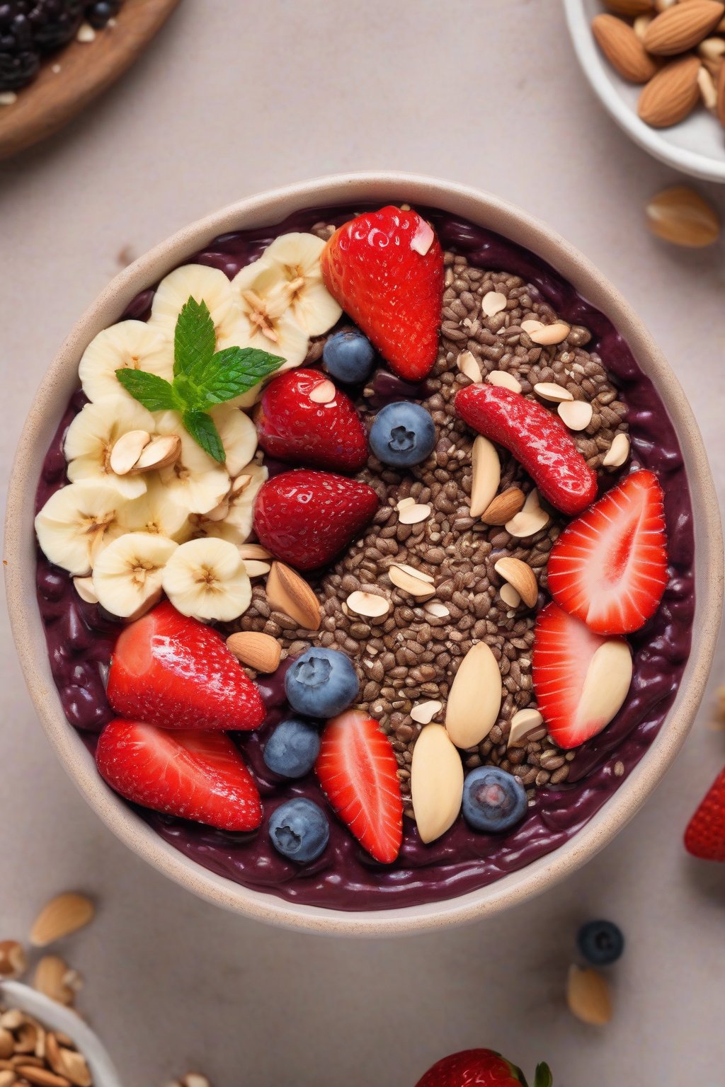A high-resolution photo of a hemp seed acai bowl with cocoa, strawberries, and almonds under soft lighting.
