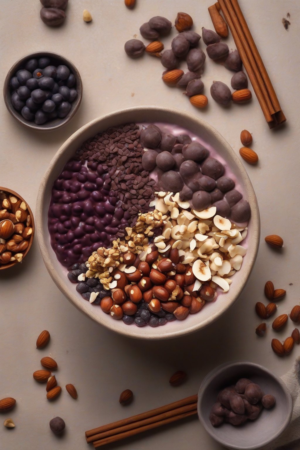 A high-resolution photo of a cacao nib acai bowl with hazelnuts and sea salt under soft lighting.