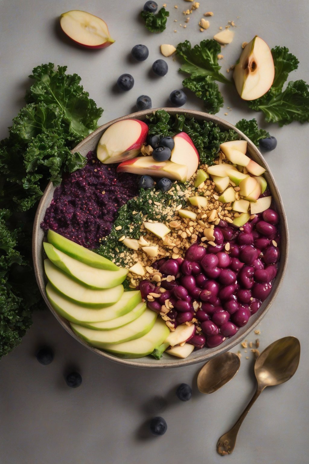 A high-resolution photo of a kale acai bowl with apple slices and nutritional yeast under soft lighting.