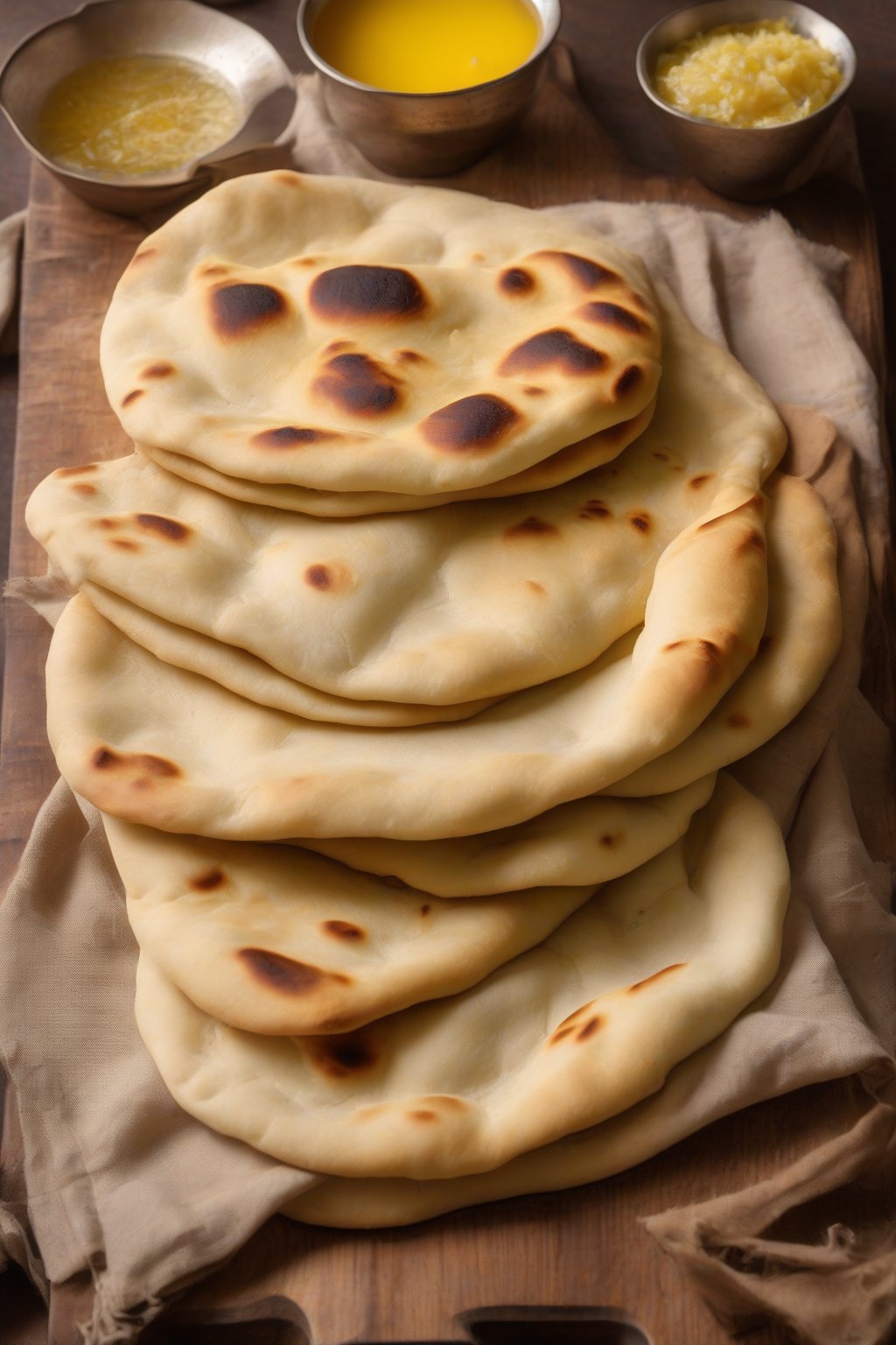 A high-resolution photo of golden, pillowy classic plain naan brushed with ghee, stacked on a wooden board under soft lighting.
