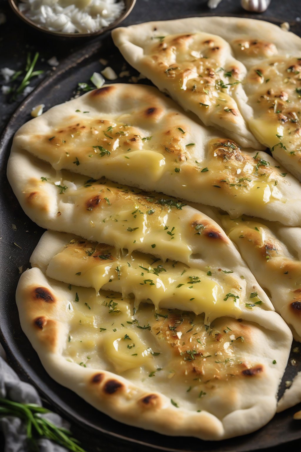 A high-resolution photo of garlic butter naan with golden garlic flecks and melted butter dripping, fresh off the skillet under soft lighting.