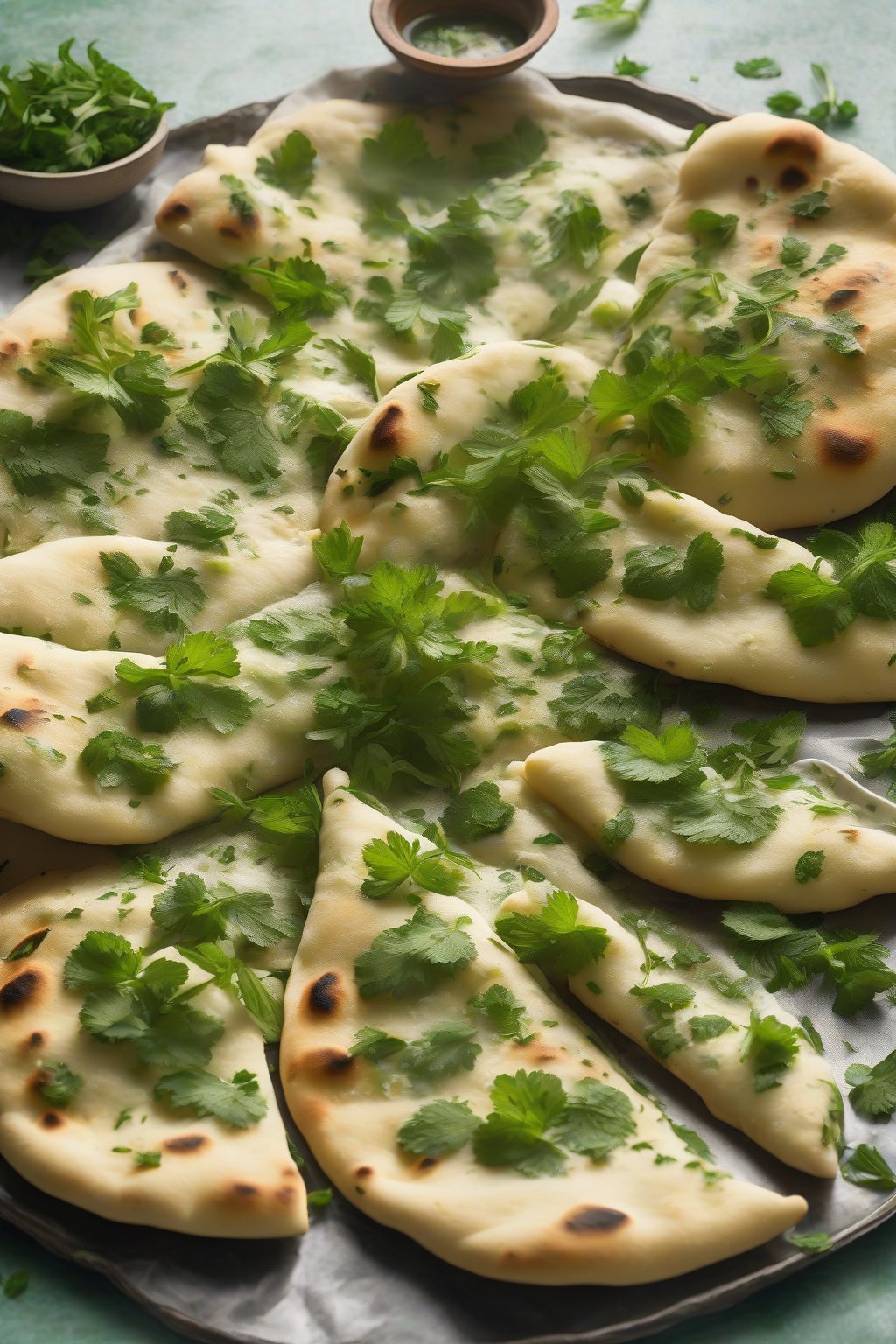 A high-resolution photo of herbed naan scattered with vibrant green cilantro and mint, steam rising under soft lighting.