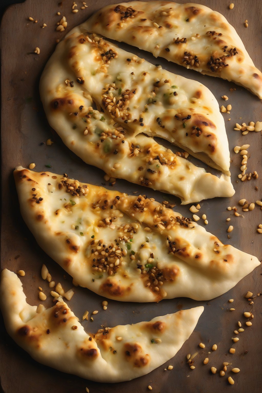 A high-resolution photo of cheese-stuffed naan with molten cheese pulling apart, topped with seeds under soft lighting.