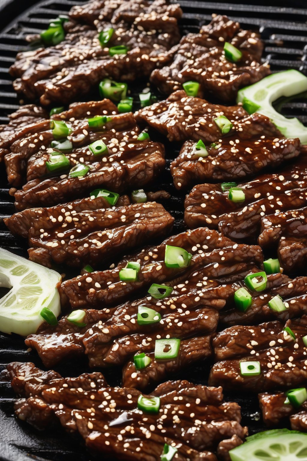 A high-resolution photo of sizzling classic soy-marinated bulgogi on a hot grill, garnished with sesame seeds and green onions, under soft lighting.