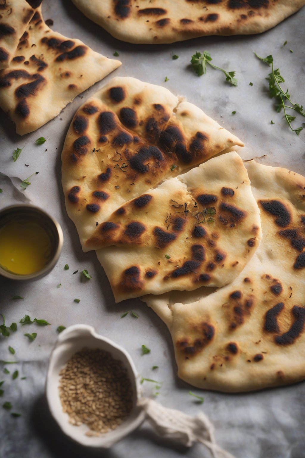 A high-resolution photo of rustic whole wheat naan with charred edges and soft center, drizzled with ghee under soft lighting.