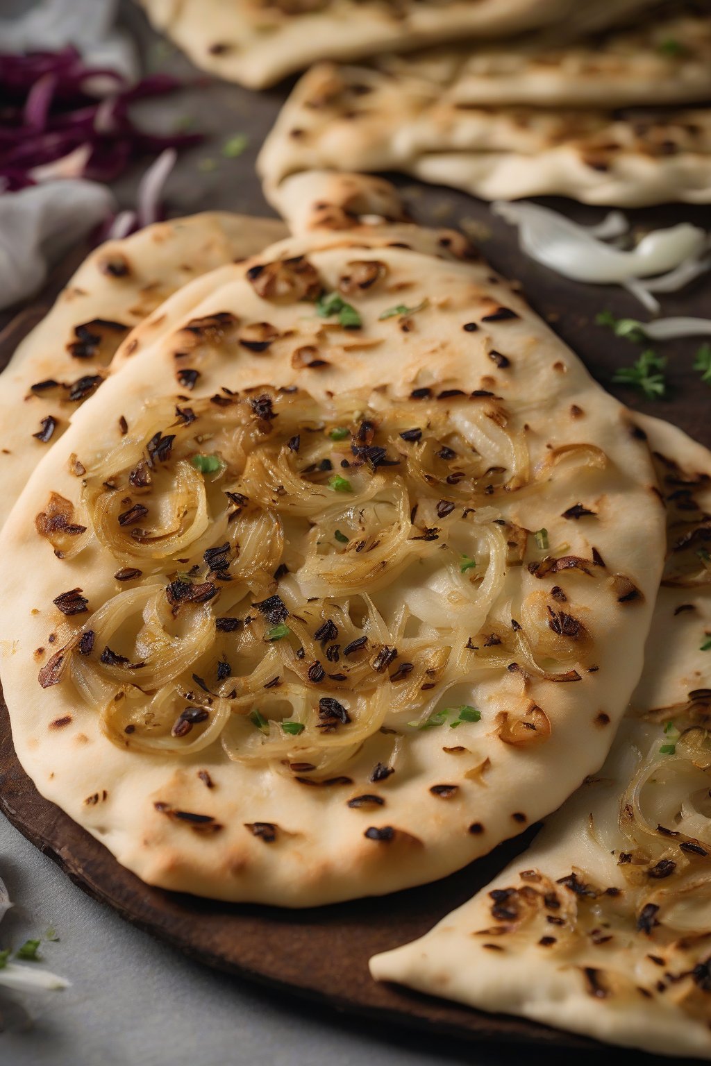 A high-resolution photo of onion kulcha naan topped with golden caramelized onions and cumin seeds under soft lighting.