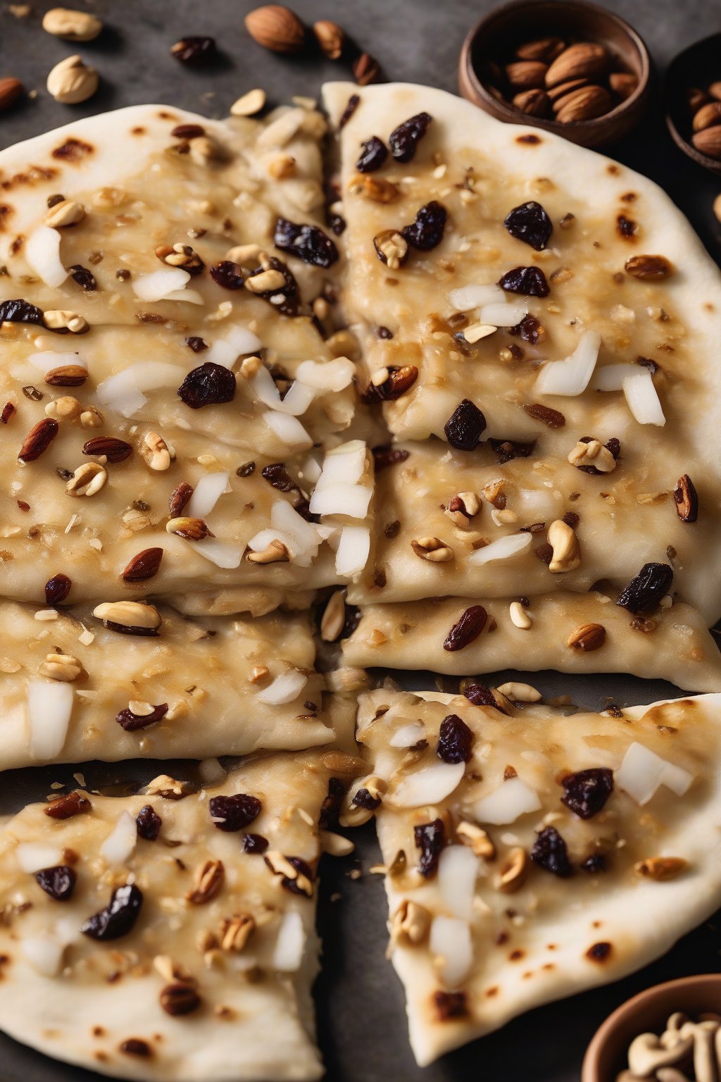 A high-resolution photo of Peshawari naan sliced open revealing coconut, raisins, and nuts inside under soft lighting.