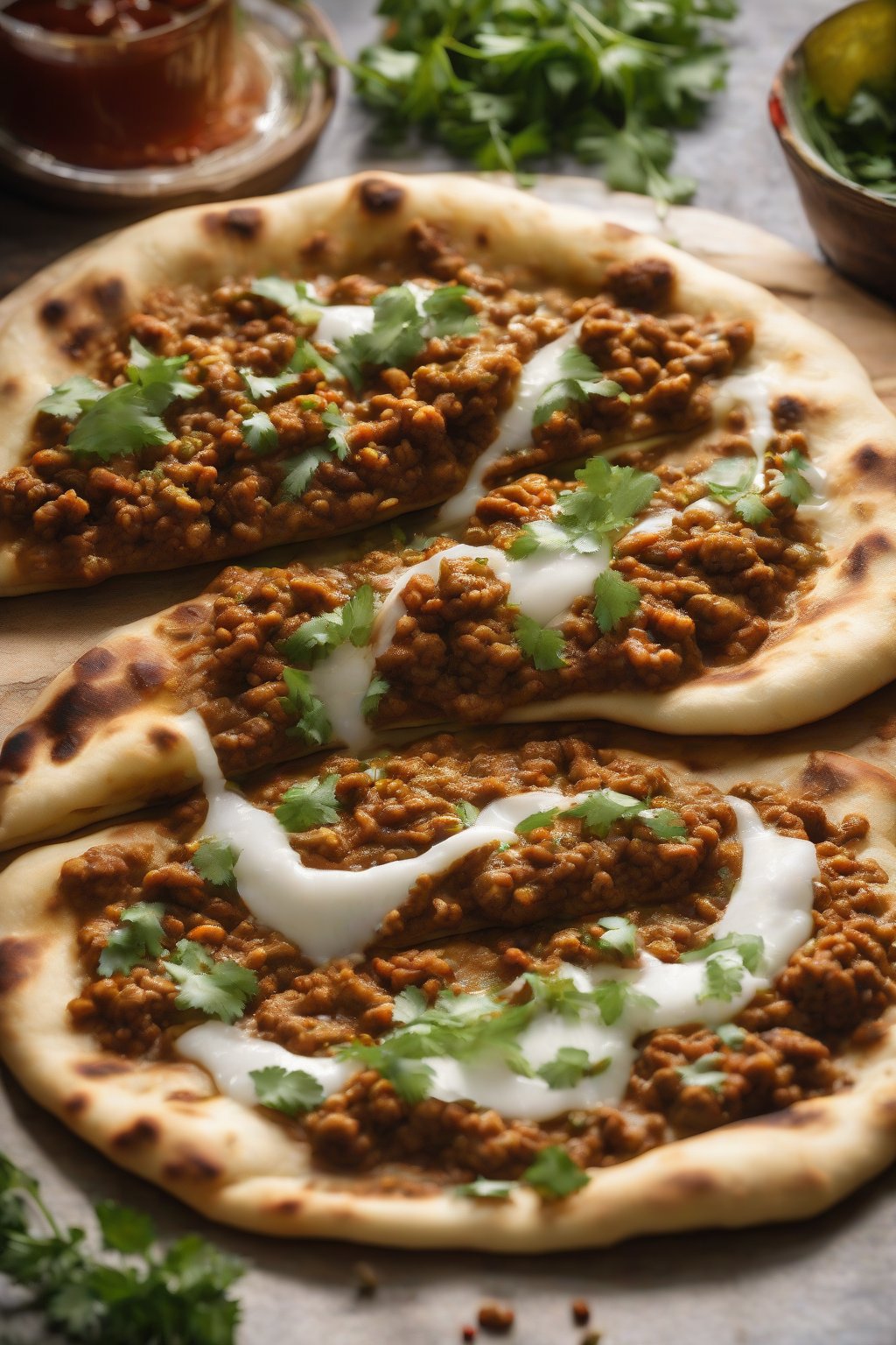 A high-resolution photo of keema naan with spiced meat peeking out, juices glistening under soft lighting.