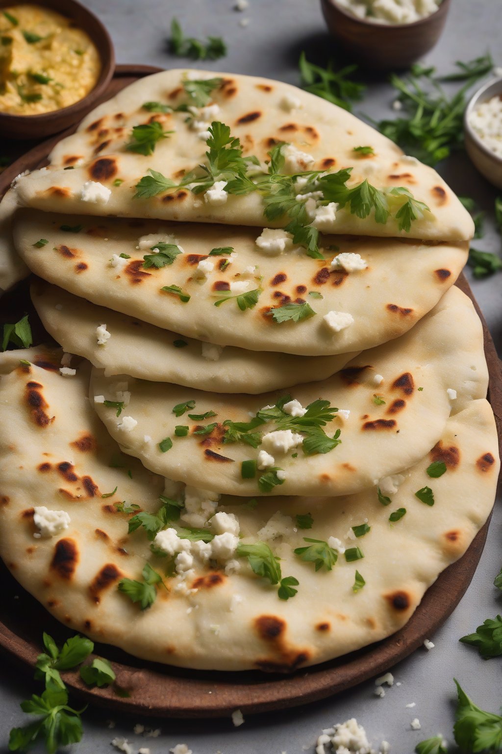 A high-resolution photo of paneer naan with crumbly cheese and green herbs spilling out under soft lighting.