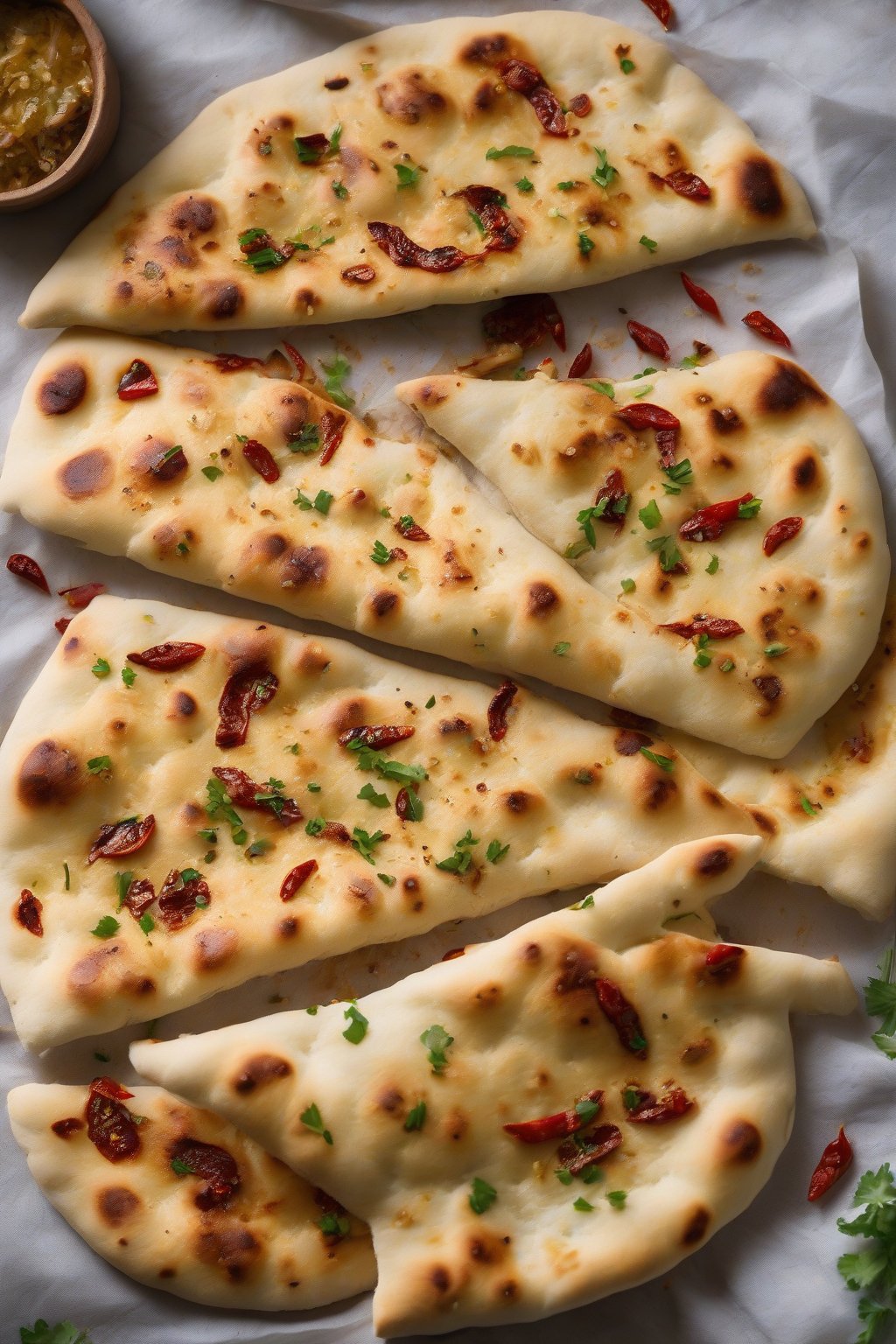 A high-resolution photo of chili garlic naan with red flecks and glossy butter under soft lighting.