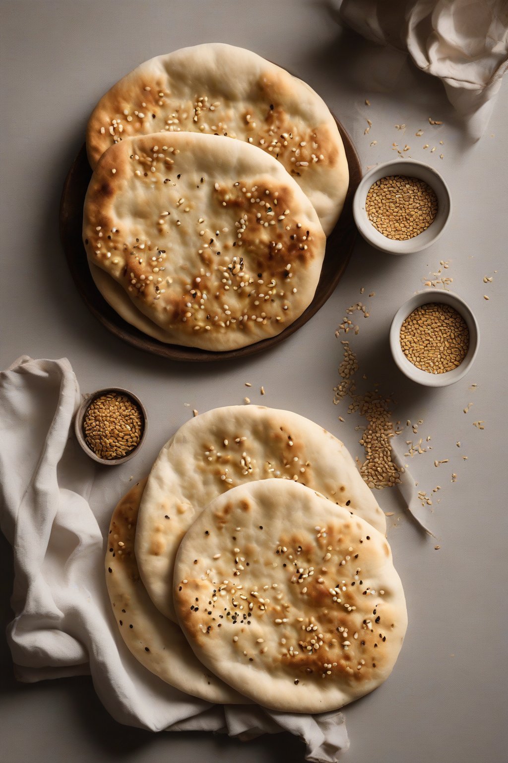 A high-resolution photo of sesame seed naan with crunchy golden seeds on pillowy bread under soft lighting.